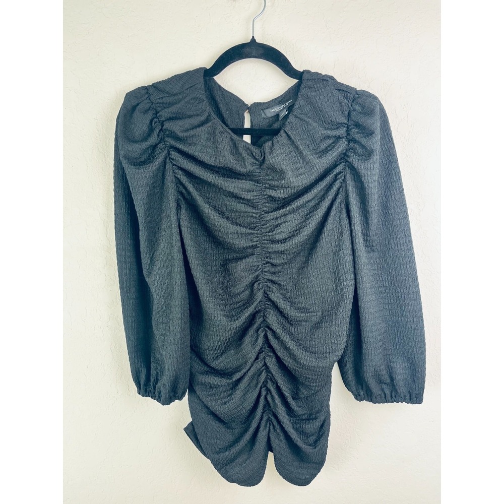 MARC NEW YORK BLACK BLOUSE WOMENS Large‎ 3/4 SLEEVE RUCHED STRETCHY FITTED
